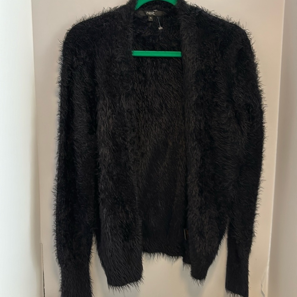 NEXT BRAND BLACK FURRY OPEN SWEATER NO BUTTONS/ZIPPERS..SUPER SOFT.. SUPER COMFY